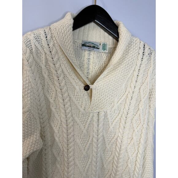 Aran Crafts Shawl Collar Wool Cable Knit Fisherman Sweater Ivory Men's XL - Picture 2 of 10